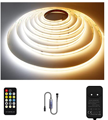 TTWAY CCT COB LED Streifen 5M, Dimmbar 2700K- 6500K 24V einstellbare weiße Band Streifen Lichter Set mit RF Steuerung und Adapter, 608LEDs/m CRI93+ Daul weiße LED Streifen für Innen,zimmer, DIY.