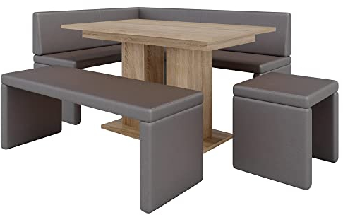 Eckbank Akiko mit Tisch und Bänken - Eckbankgruppe für Ihrem Esszimmer, Küche modern, Sitzecke, Essecke. Perfekt für Küche, Büro und Rezeption. Solide Verarbeitung (Soft 30, 168x128 rechts)