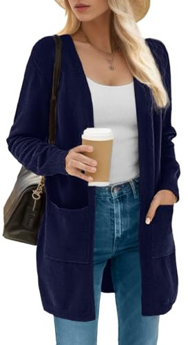 IWOLLENCE Marine Blau Strickjacke Damen Vorne Offen Feinstrick Langarm Cardigan Mit Taschen