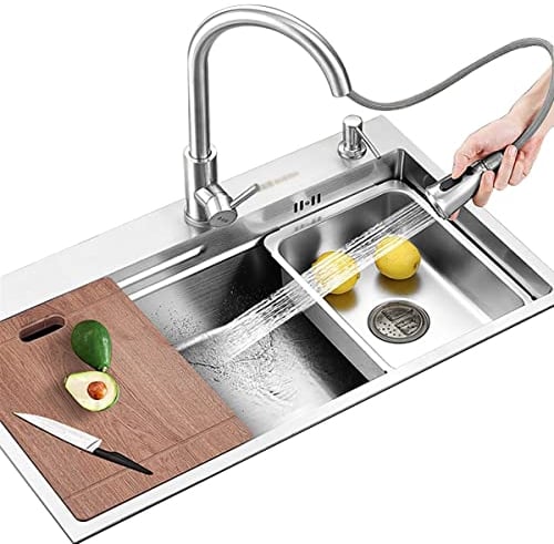 Edelstahlspüle Spüle Mit Großem Fassungsvermögen Küchenspüle Mit Ausziehbarem Wasserhahn Silberne Spüle Mit Schneidebrett 3 Mm Dicke Platte (Color : Silver, S : 68x46cm)