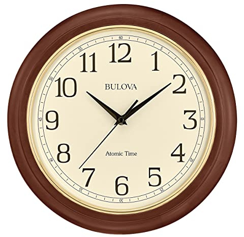 Bulova Atomic Time 2 Analog Wall Clock C5004 | 12.4 Wooden Frame, Sets Time Automatically | Quartz Movement | Battery Operated | Classic Design