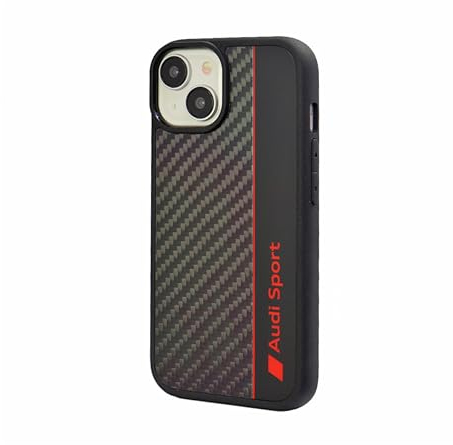 Audi Sport Handyhülle - Kompatibel mit iPhone 15 - Stoßabsorbierende Hülle mit Carbon - mit präzisen Aussparungen für Kamera, Anschlüssen & Tasten - Schwarz mit roten Details
