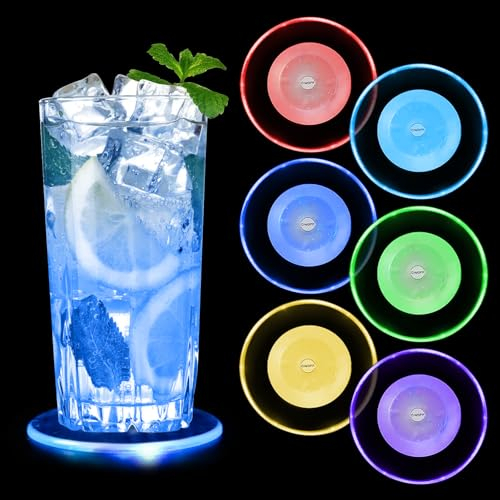 Kaimeilai Bunt LED Untersetzer, Leuchtende Untersetzer Acryl Rund wasserdichte Leuchtuntersetzer, ON/Off Taste Getränke Untersetzer Set für Gläser Flaschen Partys Hochzeiten Bar Weihnachten Pub (6)