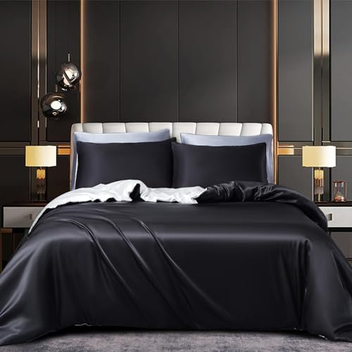Tospass Satin Bettwäsche 135x200 cm 4 Teilig Schwarz Weiß Wende Bettwäsche Set Seide Glatt Luxus Glanzsatin Deckenbezug Einfarbig Glänzend Bettbezug mit Reißverschluss 2 Kissenbezug 80x80cm