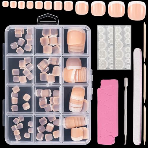 JSRQT 120 Pièces Faux Ongles D'orteil Français Pieds Ongles Conseils Courts Artificiel Ongle d'Orteil avec Boîte Capsule Ongle Pied French Pleine Couverture Faux Ongle Pied Bricolage Pieds Manucure