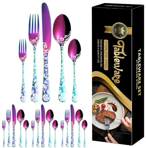 XIAOYU 20 Pieces Silverware Set Service for 4, Peony Flower Pattern Design Stainless Steel Flatware Set, Cutlery Utensils Set Include Knives/Forks/Spoons, Rainbow