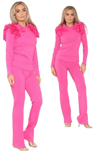 Alam Exclusive Tuta da donna con volant e pantaloni a palazzo, set da 2 pezzi