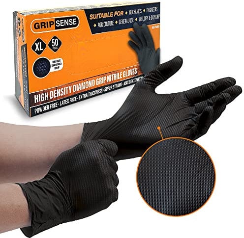 GripSense Nitrile Gloves (10 Packs of 50) - High Density Diamond Grip Black Gloves - Latex & Powder Free Black Nitrile Gloves X Large - Mechanic Gloves Extra Thick & Super Strong - Max Dexterity L5