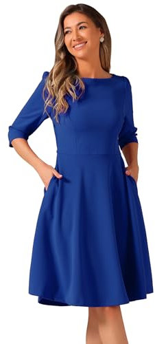 Allegra K Wear to Work Dress for Women's Boat Neck Short Sleeves Midi Flared Office Dresses Royal Blue XS