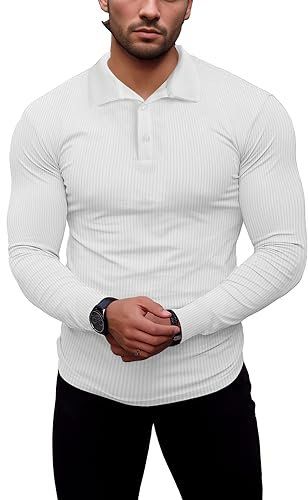 Agilelin Men's Muscle Slim Fit Polo Shirts Long Sleeve Stretch T-Shirts Casual Stylish Tee for Golf Workout(White/S)