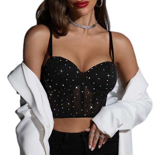 FFWTPY Debardeur Femme Tank Top Bustier Paillettes Tops sans Manche Haut Corset Bretelles Ajustables Vetement Ete Brillant Chic Soirée Fête Club Élégant Scintillant