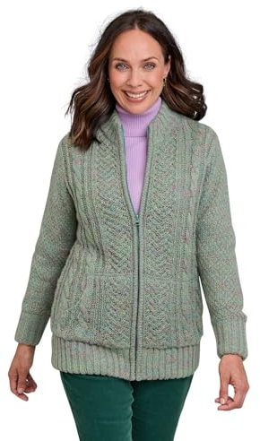 Amber Ladies Borg Fleece Lined Zip Cardigan Cable Knit Design Warm Marl Yarn with Full Zip Front Sage 24-26