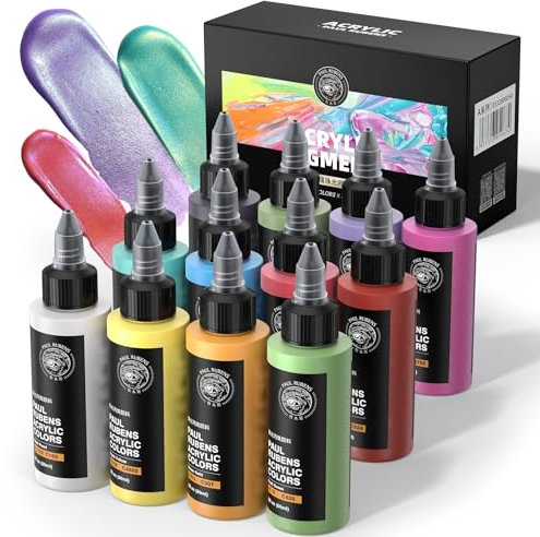 Paul Rubens Metallic-Acrylfarbe, 12 Metallic-Farben Set A, 2fl oz/60ml Flaschen, reiche Pigmente, starke Deckkraft Acrylfarben für Erwachsene, Künstler, Anfänger auf Leinwand Felsen Holz Keramik Stoff