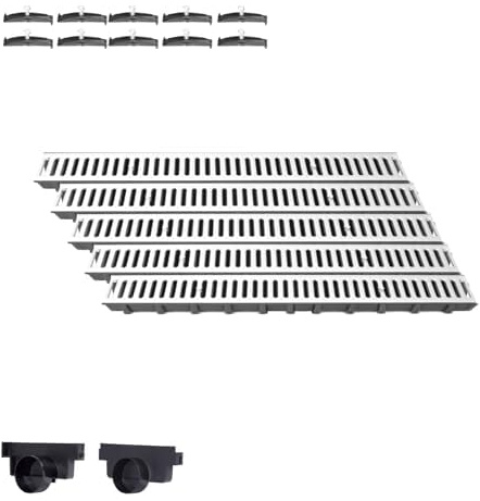 Entwässerungsrinne Set – befahrbar (A15) mit verzinktem Stahlrost | 5 m Länge, Bauhöhe 63 mm | Weitere Varianten: 1–10 m Länge, Bauhöhe 63 mm, 98 mm, 148 mm | Ablaufrinne für Garten, Hof & Einfahrt