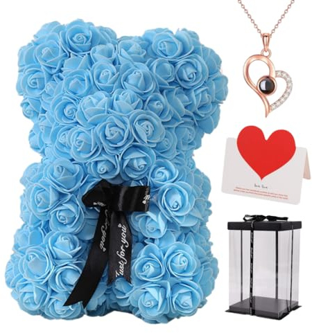 Rose Bear with Bouquet and Gift Box, 10 Inch Artificial Flower Teddy Bear, Romantic Anniversary, Christmas, Wedding and Birthday Gift (Sky Blue)