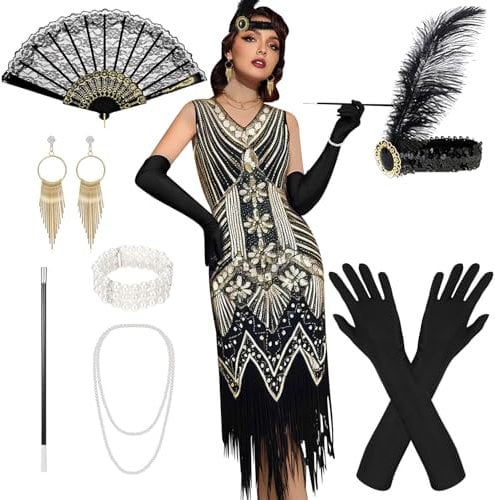 20er Jahre Kostüm Damen, 20er Jahre Kleider mit 20er Jahre Accessoires, V-Ausschnitt Pailletten Perlen Fransen Kleid, Karneval Kostüm mit Fächer, für Karneval, Partys, Tänze, L (Schwarz Gold)