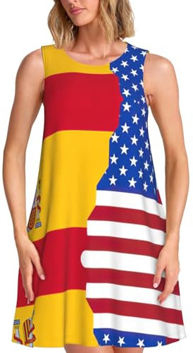MDATT Vestido de verano para mujer, con la bandera de España americana, casual, sin mangas, estampado floral, holgado, con bolsillo, Negro, XXL