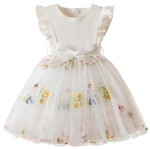 JiAmy Girls' Dresses Flower Embroidery Knit Tulle Toddler Dresses Flying Sleeves Girls Party Dress for Kids 3-4 Years, White Flower