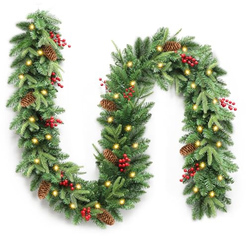Ghirlanda Natalizia, 2.7M Ghirlanda di Natale per Porta Decorativa, Ghirlanda di Natale Artificiale con Luci 30 LED, Festone Natalizio Luminosa Adatto per Scale, Camino, Pareti, Esterno