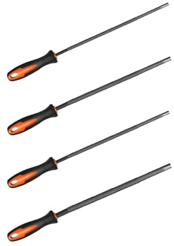 4 Pièces Limes pour Tronçonneuse avec Poignée Ergonomique, 3.2mm, 4 mm, 4.8mm, 5.2mm, Lime Metal, en Acier au Carbone Haute Résistance pour Affûtage Précis, Adapté aux Travaux de Bricolage