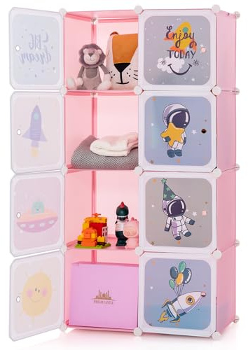 COSTWAY Kleiderschrank Kinder, Regalsystem aus Kunststoff mit 8 Würfeln, Kinderregal erweiterbar mit Türen & 2 Aufhänger, Aufbewahrungsschrank Steckregal für Kinderzimmer, Spielzimmer (Rosa)