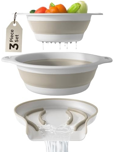 Collapsible Colanders (2 Pack Set) Food Strainers with Over-Sink Water Draining Base for Pasta Fruits and Vegetables (4 and 5 Quart) - White Beige