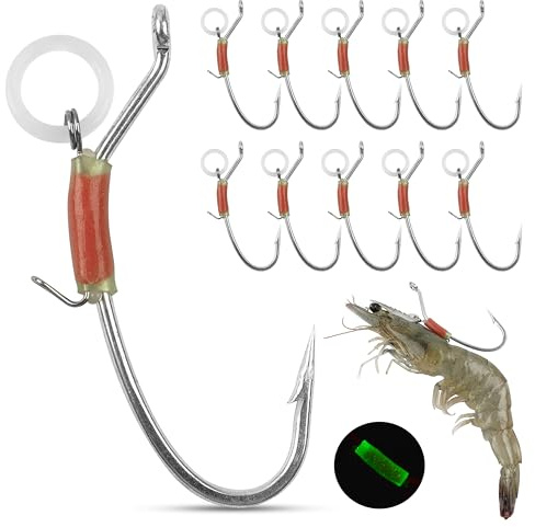 Luminous Live Shrimp Hooks - 10pcs/15pcs High Carbon Steel Fishing Hooks Barbed Strong Hooks Saltwater Freshwater Shrimp Walker for Bass Groupers Pike Catfish, 1/0 2/0 3/0
