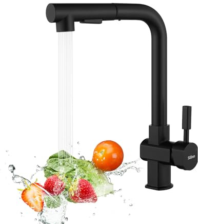 Süßren Wasserhahn Küche Schwarz,Hochdruck Küchenarmatur Ausziehbar,Spültischarmatur mit Brause Zwei Wasserstrahlarten,Armatur Küche 360° Schwenkbar,Mischbatterie Küche Edelstahl
