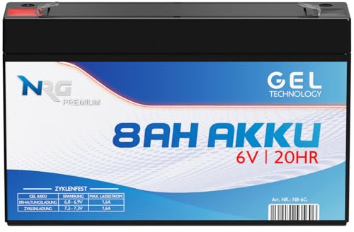 NRG Akku 6V 8Ah GEL Blei-Akku wiederaufladbar Profi-Akku ersetzt 7Ah 7,5Ah