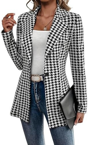 Blazer pour Femme - Blazer Long Pied-De-Poule Femme Coupe Ajustée Élégante Veste De Tailleur À Revers Cranté Noir Et Blanc Classique Manteau Long À Carreaux Pied-De-Poule Vêtement D'Extérieu