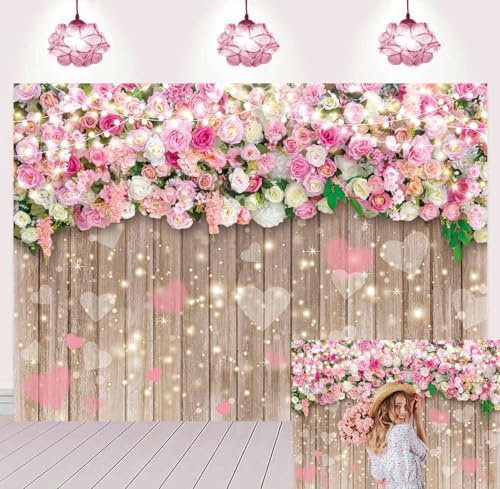 Rose Flower Wall Photography Backdrop Pink Floral Valentines Day Photo Background for Wedding Anniversary Mother’s Day Party Decorations (8x6FT（240x180cm）)