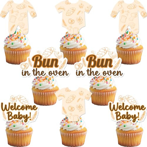 24Pcs Bun in the Oven Cupcake Toppers - Glitter Bun in the Oven Baby Shower Party Decorations For Baking Themed Birthday Party Cake Décor