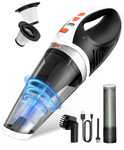 TANYO 4-in-1 Aspirabriciole per Auto Senza Fili, 12KPa con Motore Brushless | 45000 Giri/min, 2 Modi, 3x2500mAh, 30min Tempo di utilizzo, Ricarica 3h, Con luce LED, per Capelli/Casa/Ufficio/Cucina