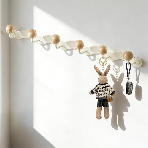 WJUAN Hakenleiste Garderobe, Garderobe Wand mit 6 Kugelförmigen Holzhaken, Garderobenleiste Weiß, 46 cm Wandhaken Garderobe, für Schlafzimmer, Badezimmer und Wohnzimmer