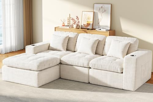 Gersztai 268cm L-Shaped Modular Sectional Sofa with Chaise, Boneless Comfy Corduroy Fluffy Couch with Deep Seat, 3-4 Seater Corner Sofa for Living Room, Cup Holders and Side Pockets, No Assembly