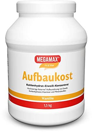 MEGAMAX Aufbaukost Vanille 1.5 kg Ideal zur Kräftigung bei Untergewicht Proteinpulver zur Zubereitung eines fettarmen Kohlenhydrat-Eiweiß-Getränkes für Muskelmasse u. Muskelaufbau Gewichtszunahme