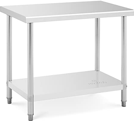 Royal Catering Table De Travail Cuisine Plan Professionnel Table Préparation Confection Boucher Avec Tablette Étagère RCAT-100/60 (Capacité : 114 kg (90 kg + 24 kg), Pieds Réglables, Inox)