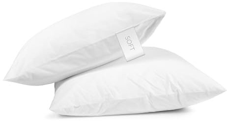 Juego de 2 almohadas con funda 100 %de algodón y relleno de microfibra hueca con tacto de plumón, como las utilizadas en hoteles. Fabricadas en Estados Unidos. 3 niveles de firmeza