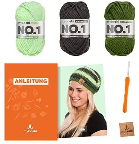 myboshi Häkelset Mütze Iga für Anfänger, inkl. No.1 Wolle, Häkelnadel, Wollnadeln, Anleitung, Label, Häkelpaket, 30% Merinowolle Anthrazit mit Häkelnadel