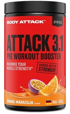 Body Attack Pre Workout Booster – Orange Maracuja, 600 g - Hochdosierter Pre Workout Booster mit Koffein, L-Arginin, Taurin & Creatin - für Bodybuilding & intensives Training