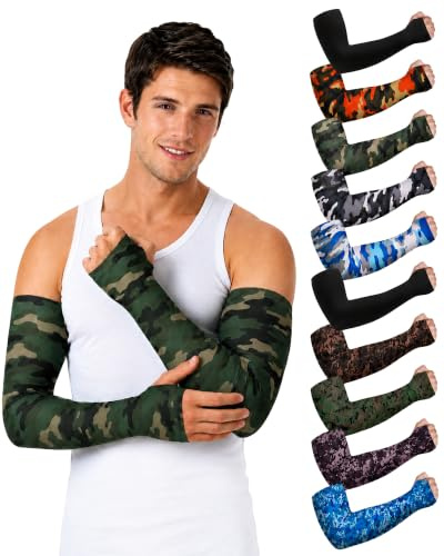Bememo 10 Pairs Camo Arm Sleeves for Men Elastic Cooling UV Sun Protection Cover Compression Sport Sleeves for Cycling(Camouflage, Black)