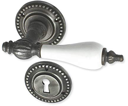 Gussmeister Türbeschlag antik Zimmertür, Drückergarnitur mit Türklinken und Rosetten für Buntbart, Modell 1920 aus Eisen, altverzinkt, Gründerzeit
