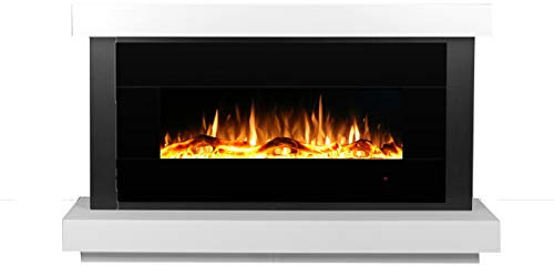 Ezee Mini Freestanding Electric Fire Suite - 42 | Black LED Flame Effect Fireplace Heater in a White MDF Surround | 2 Decorative Fuel Bed Options, 3 Flame Colours & Remote Control | Zara Glow Range