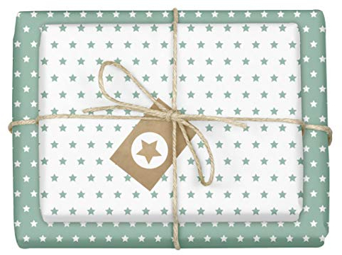 dabelino® Geschenkpapier Set Sterne (pastell mint-grün/weiß): 4x Bögen + 4x Anhänger (Öko Recycling-Papier, nachhaltig, Weihnachten, Geburtstag, zur Geburt Baby Junge Mädchen, für jeden Anlass)