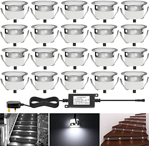 CHNXU Low Voltage Outdoor LED Decking Lights 30mm Recessed Garden Lights Waterproof IP67 Deck Lighting Kits for Kitchen Plinths Bathroom, Patio Deck Yard Garden (20 Pack, Cold White)