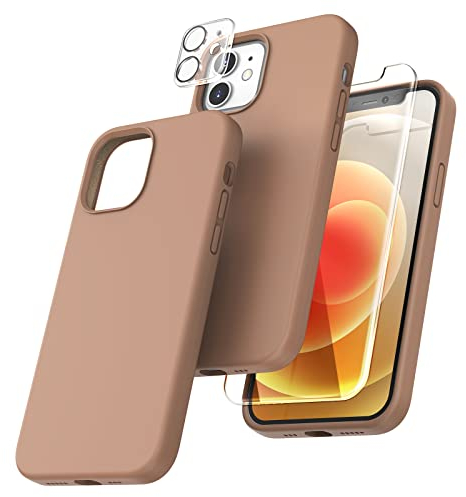 TOCOL Silicone for iPhone 12 Case 6.1-Inch, Liquid Silicone Multi-Color Slim Silky-Soft Touch Anti-Scratch Shockproof Protective Phone Cover, Light Brown