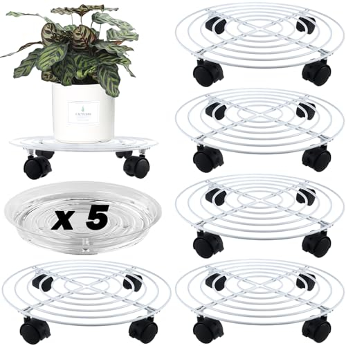 5 Packungen Metall Pflanzenbehälter mit feststellbaren Rädern, 30 cm, strapazierfähig, Schmiedeeisen, rollende Pflanzenständer mit Rollen, Pflanzenrolle, Untertassen, Weiß