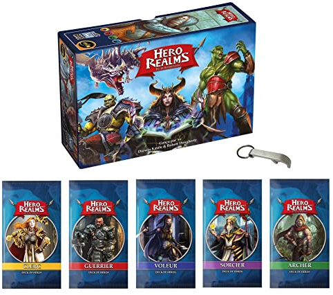 Hero Realms Set Das Basisspiel + 5 Heldendecks: Zauberer, Krieger, Bogenschütze, Dieb, Klerc Französische Version + 1 Flaschenöffner Blumie (Base + 5 Heros)