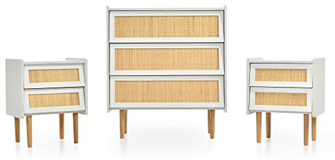ZYLOYAL10 Schubladenkommode mit Schubladen Kommode mit Rattangeflecht, Sideboard Highboard für Schlafzimmer & alle Wohnräume (Weiß- Nachttisch*3 (3 Schubladenkommode*1+2 Schubladenkommode*2)