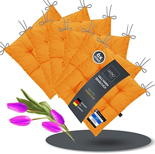 LILENO HOME 6er Set Stuhlkissen 05 Helles Orange (40x40x6 cm) - Sitzkissen für Garten, Küche oder Esszimmer - UV-beständige Indoor u. Outdoor Stuhlauflage als Stuhl-Kissen (Linda FUM)